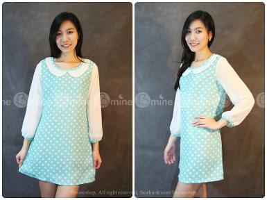 เดรสทรงปล่อยผ้าไนลอนสีเขียวอ่อนลาย Polka Dot สีขาว   